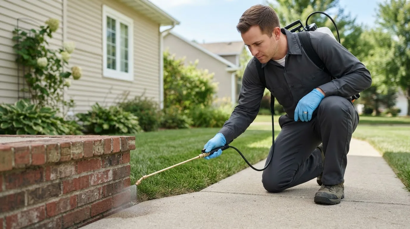 Pest control technician treating a home near Ontario, OR
